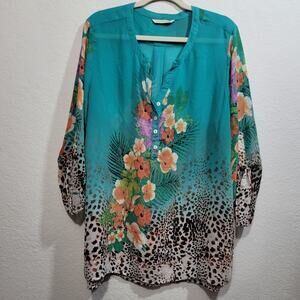 Soft Surroundings L Boho Silky Wearable Indie Tab Sleeve Popover Shirt Blouse